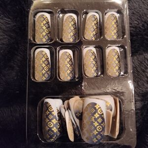 Brown White W/ Gold Logo Print Luxury Press On Nails Medium Square Salon Quality